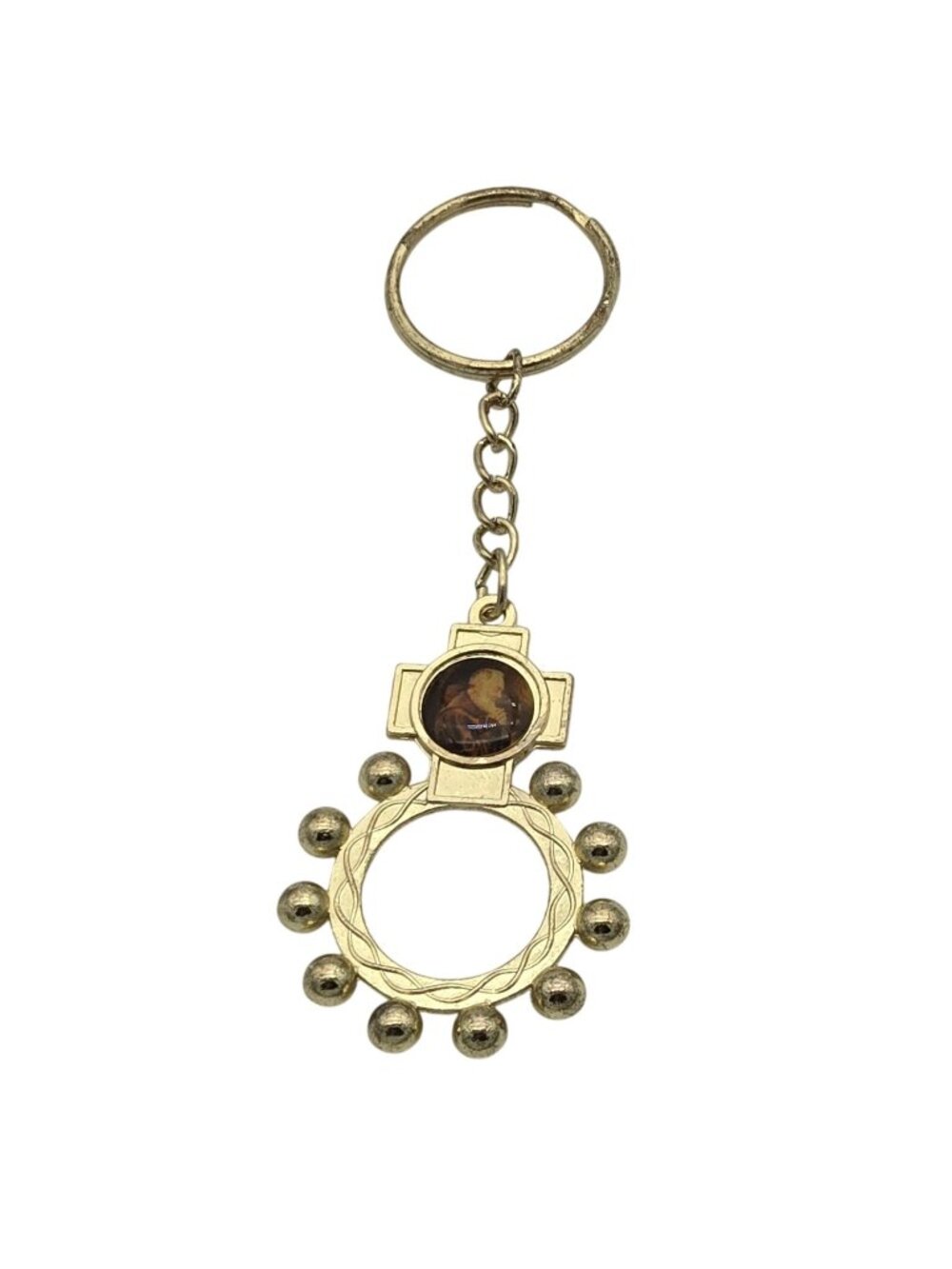 St. Padre Pio Rosary Keychain Relic Two-Sided Design With Finger Rosary Ring